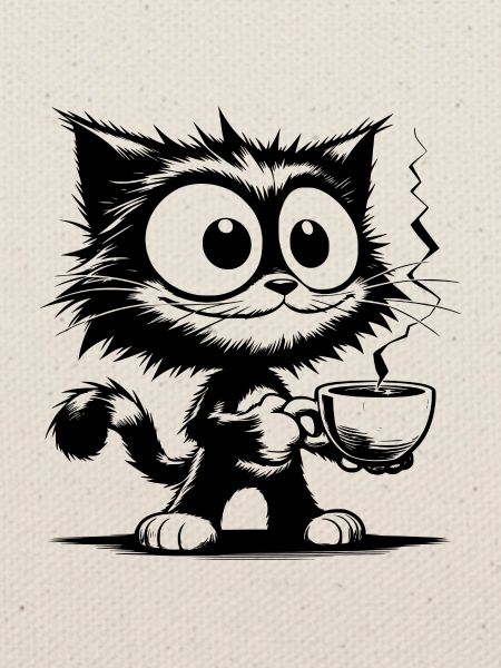 Lustig grinsende Katze mit Kaffeetasse