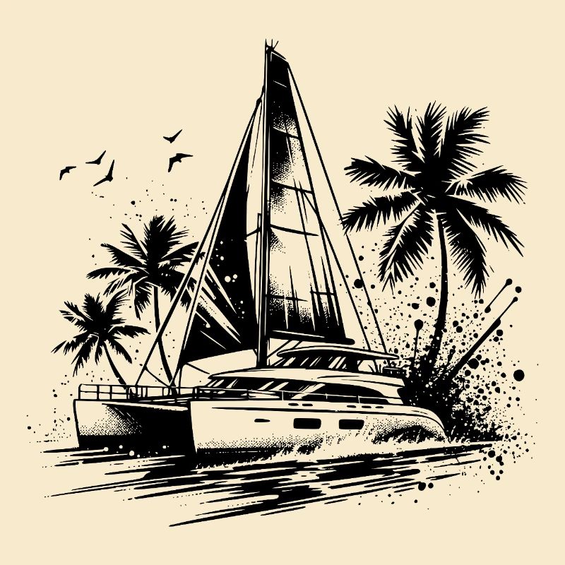 Double hull catamaran sailing boat Caribbean palm trees
