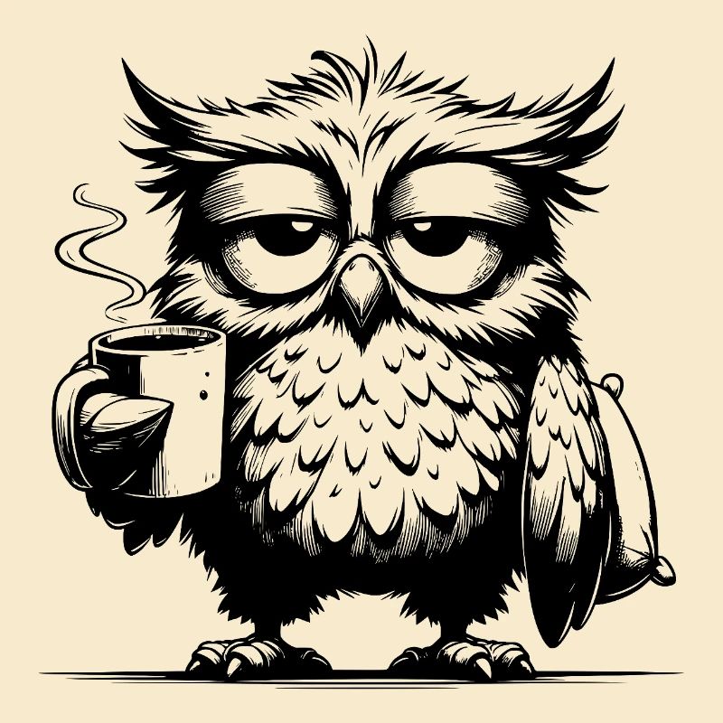 Lustige müde Comic Eule mit Kaffee Defizit
