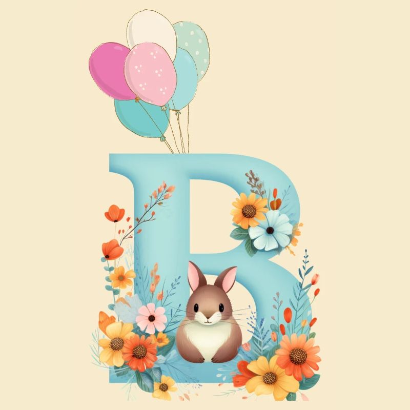 Letter B, Monogram, Flowers, Bunny