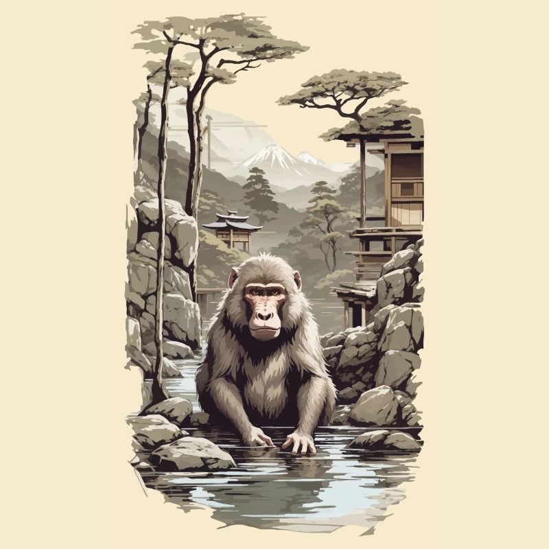Singe japonais macaque ukiyo-e dans un design de source chaude