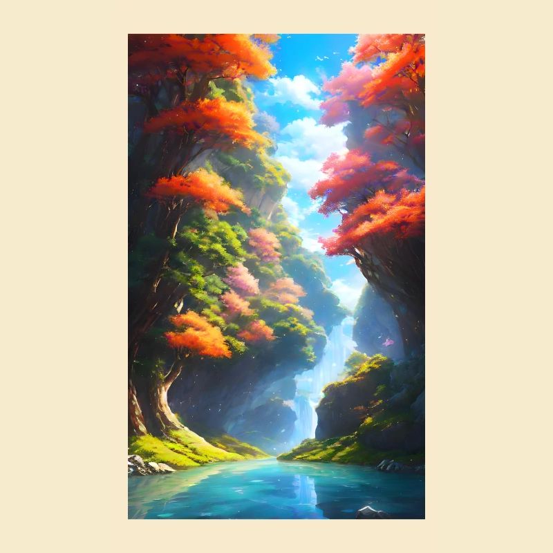 Üppiger & bunter Anime-Fluss mit Bäumen