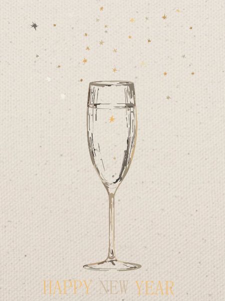 Sektglas mit Sternen und Neujahrsgruß.
