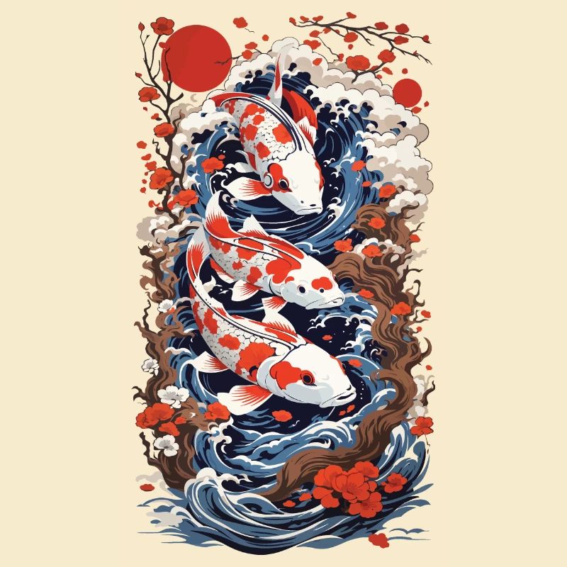 Ukiyo-E Koi Carp Art Retro Japan Design Style
