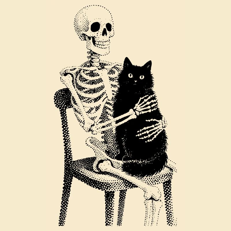 Skelett mit Katze auf Schoß