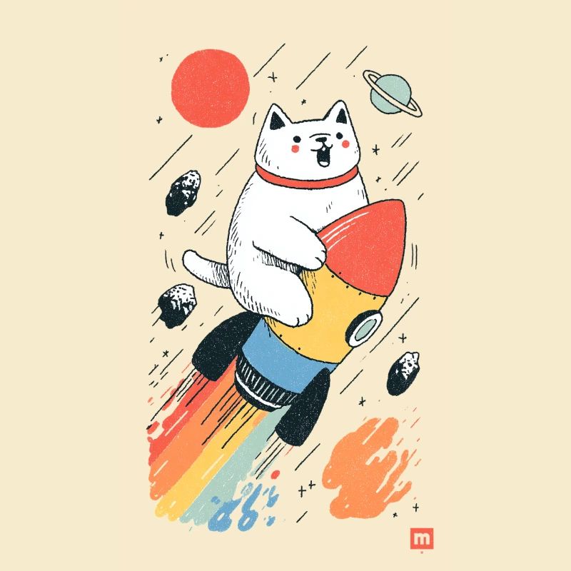 Chat sur fusée dans l’espace coloré