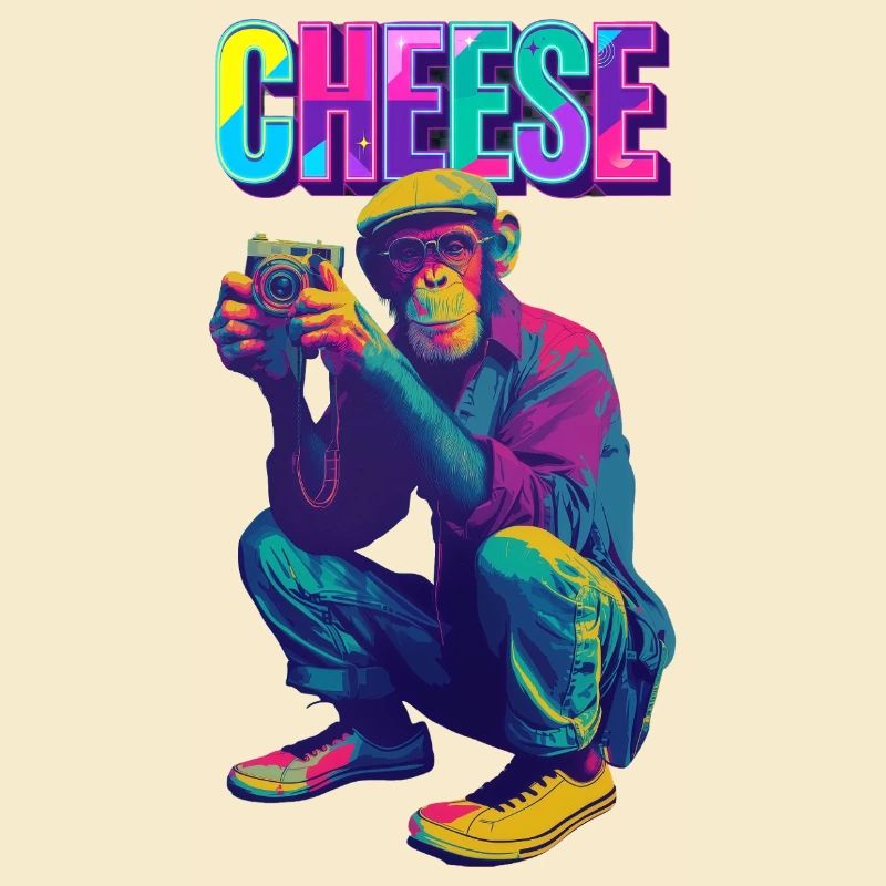 Cheese! Monkey with camera in neon pop art style
