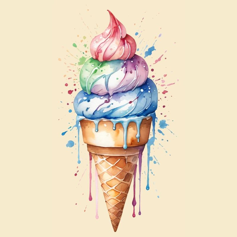 Rainbow Delight : Cornet de crème glacée à l’aquarelle