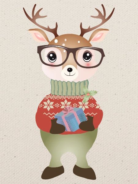niedlicher Hirsch mit Weihnachtsgeschenk & Brille