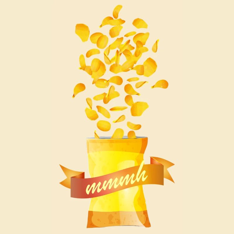 Open Chips Bag with Potato Chips and Banner