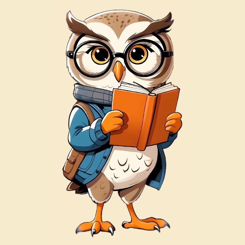 Lernende Eule mit Brille liest Buch