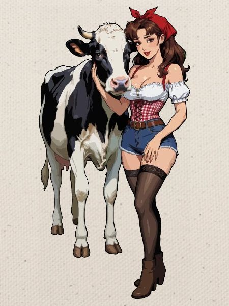 Pinup-Bauernfrau mit Kuh