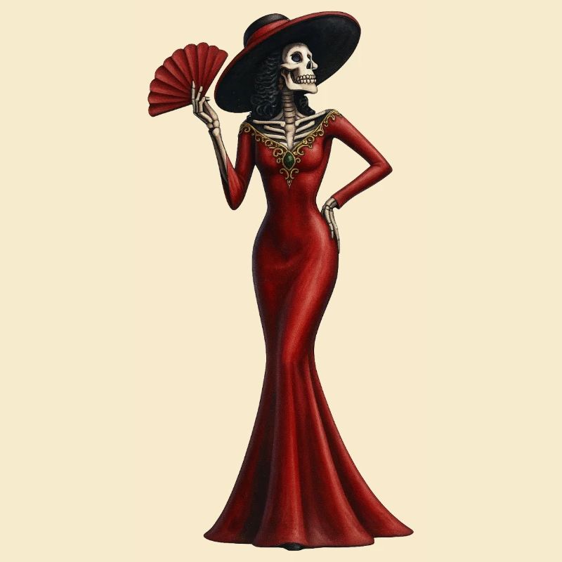 Skelett-Diva im Roten Abendkleid