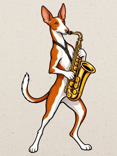 Podenco Ibicenco mit Saxophon