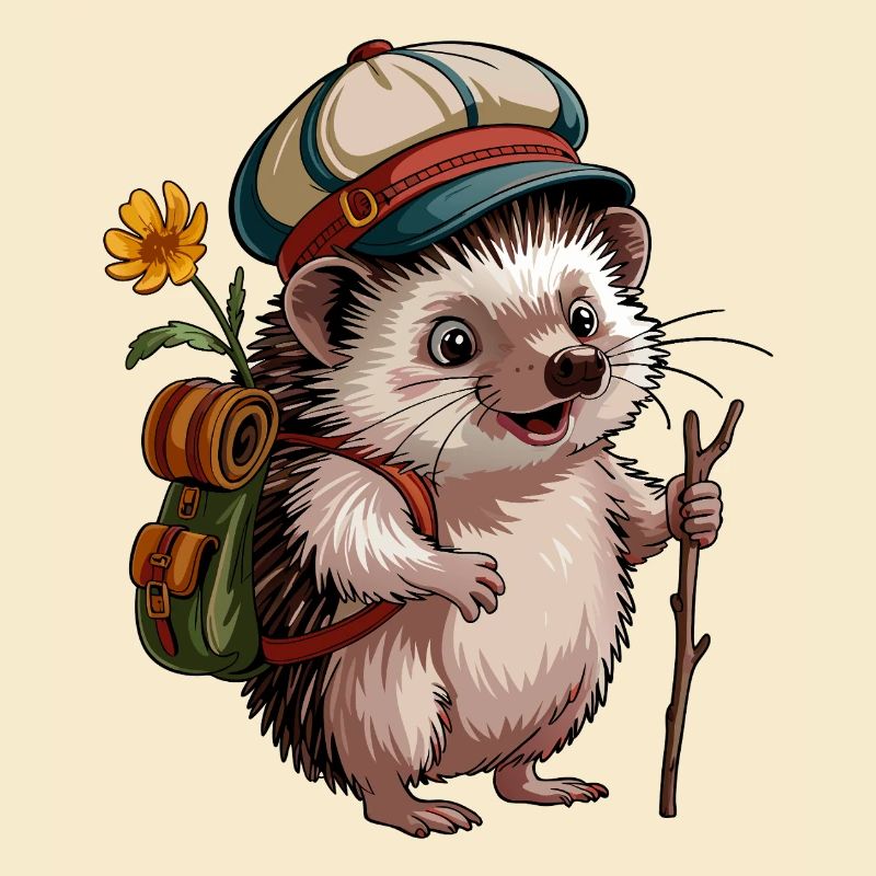 Igel mit Rucksack auf Wanderschaft