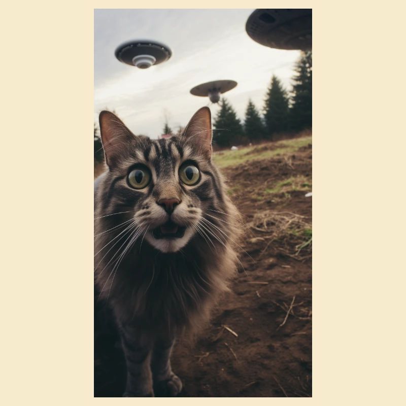 Funny Cat Selfie Scared with Ufos in Background