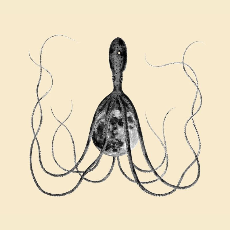 Octopus, Octopus with Moon, Surreal Vintage Artwork