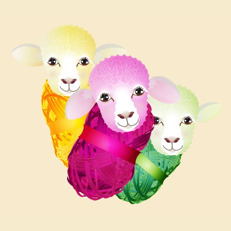 three colourful sheep with colour-coordinated wool