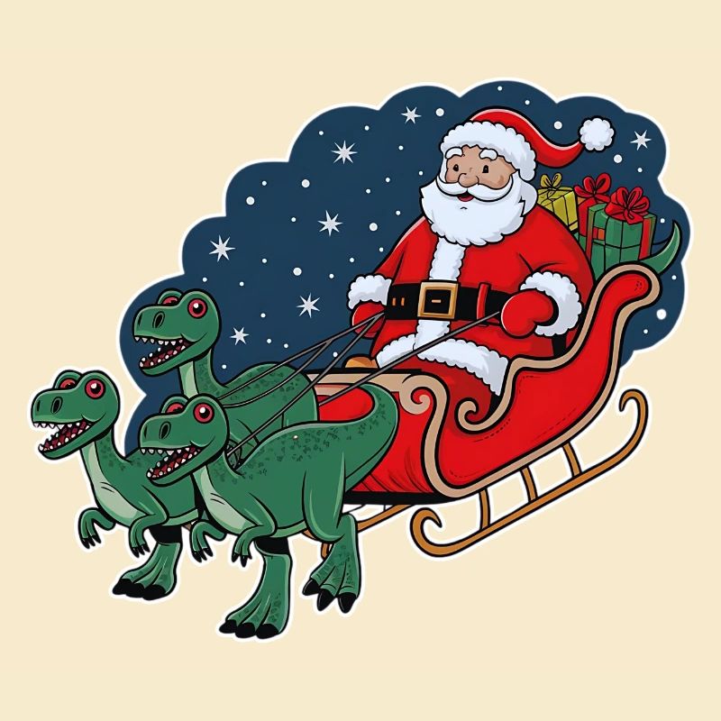 Santa Claus riding a sleigh pulled by dinosaurs