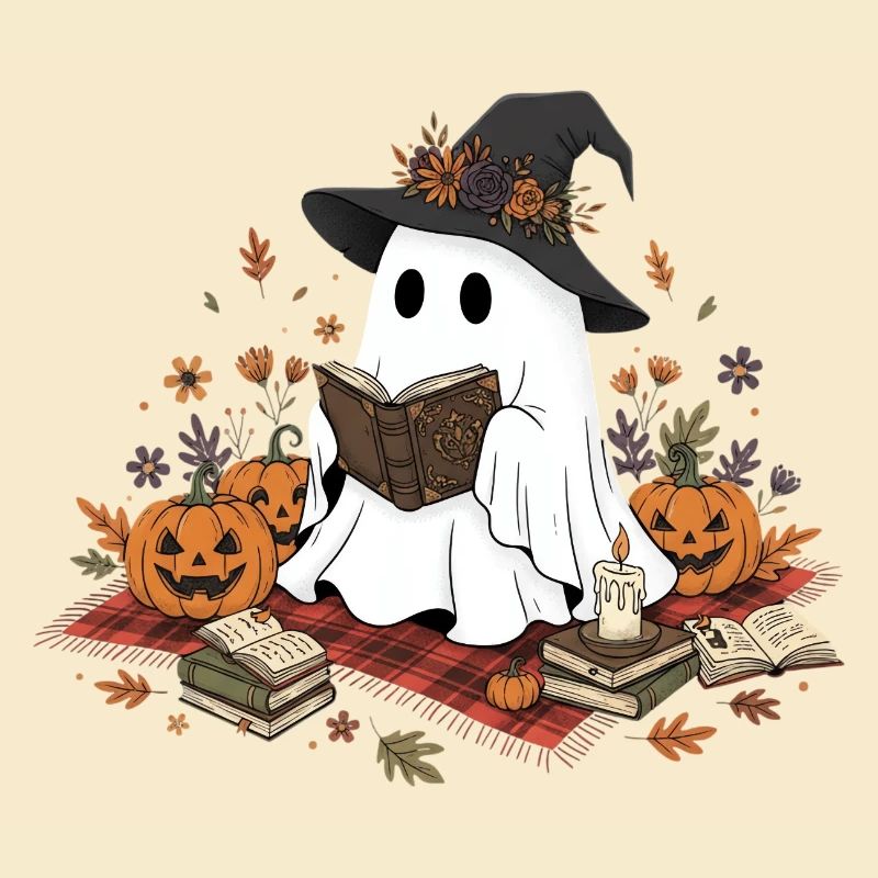 Witch Witch with Pumpkins and Magic Book