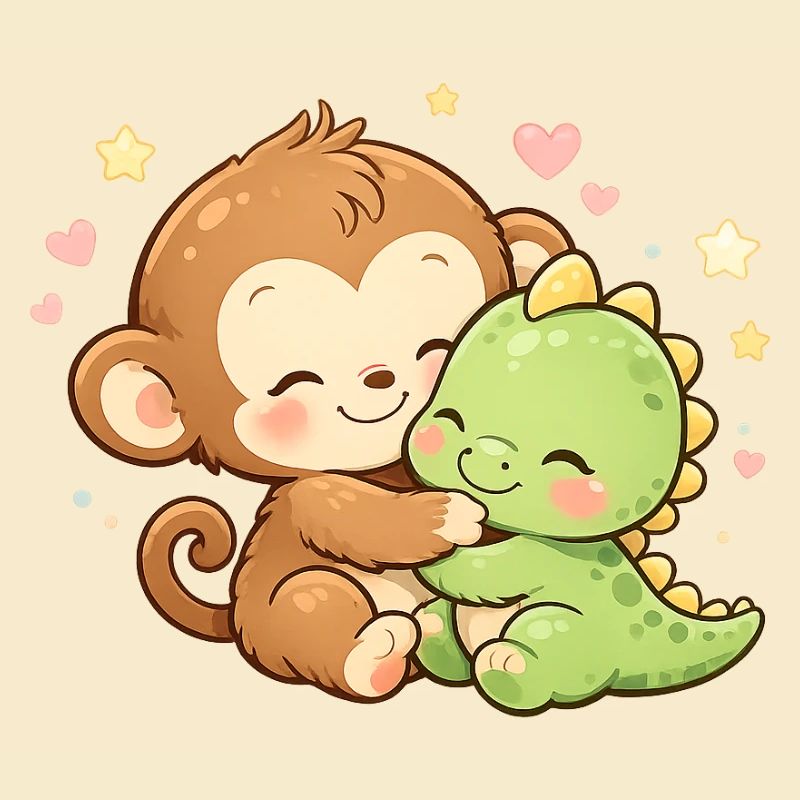 Cute Monkey & Baby Dino Cuddle