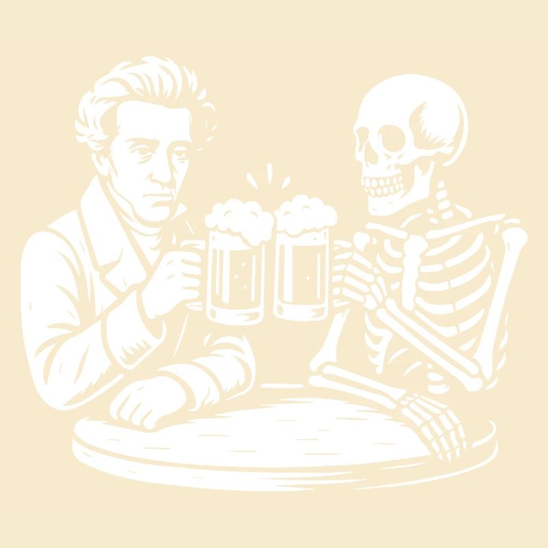 Soren Kierkegaard drinking beer with skeleton