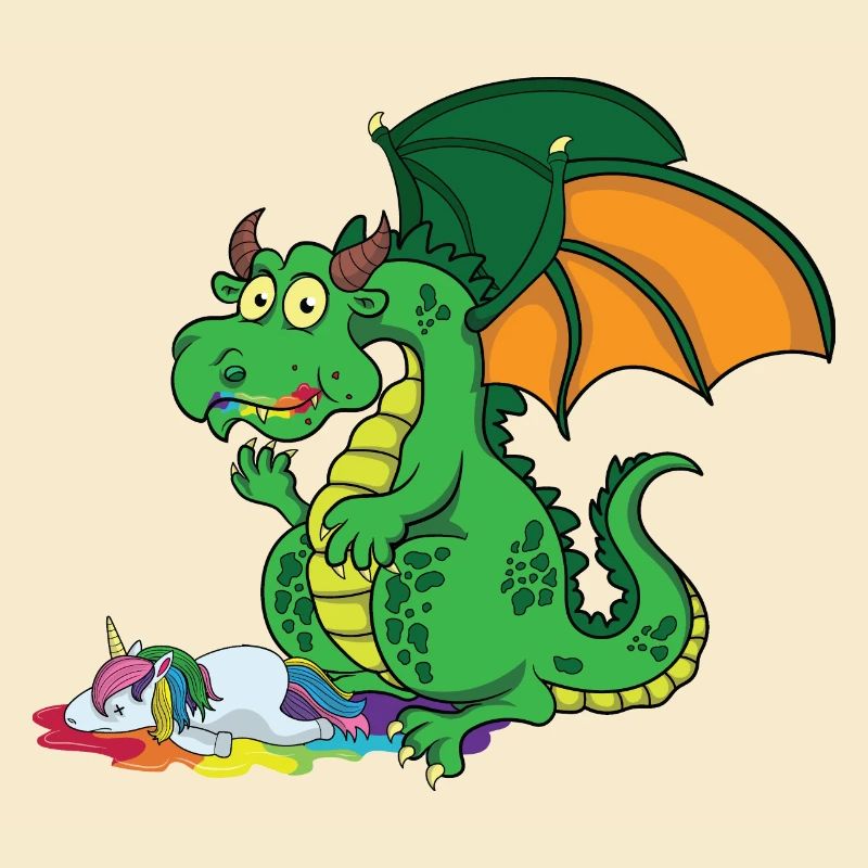 Lustiger Drache frisst Einhorn
