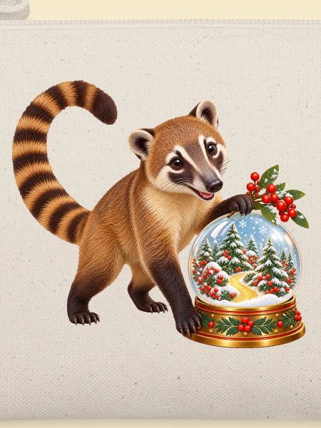 Nasenbär mit winterlicher Beerenwald-Schneekugel