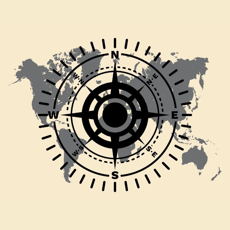 World map with cardinal direction black and white