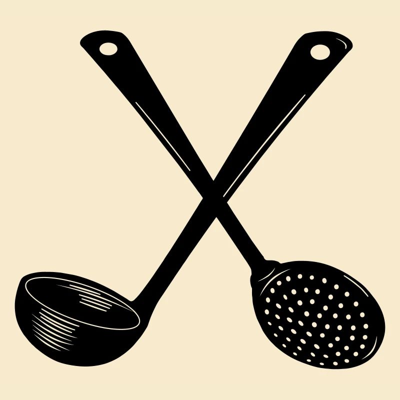 Crossed soup spoon and slotted spoon