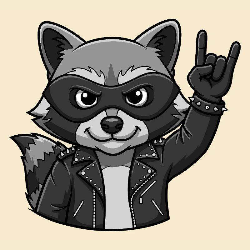 Rocker Waschbär mit Rock On Geste