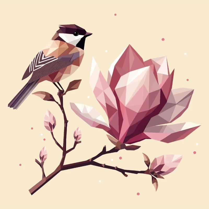 Oiseau sur branche de magnolia – Composition harmonique