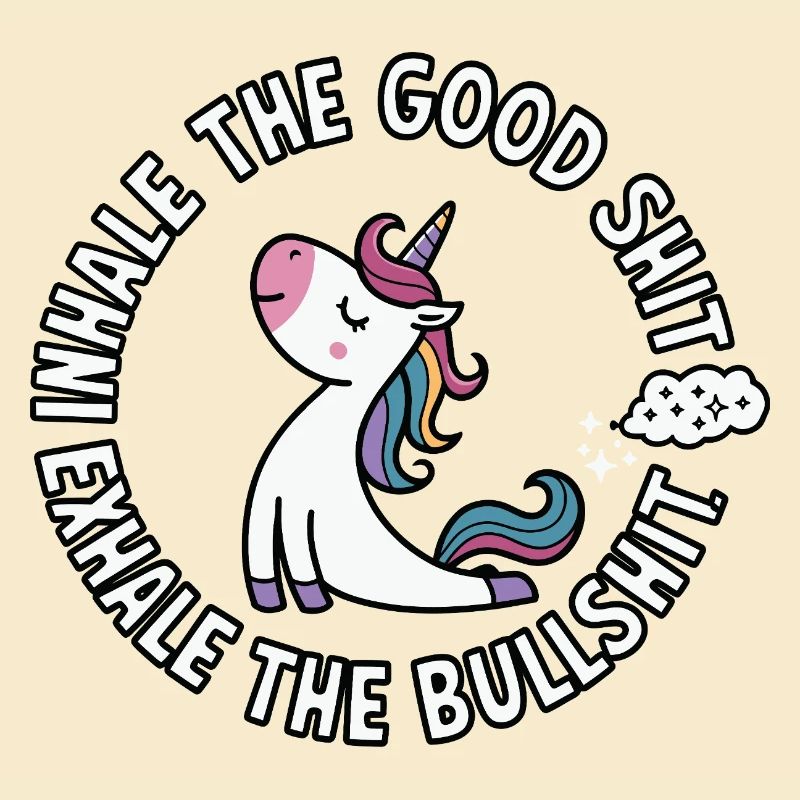 Rundes Einhorn mit buntem Haar Einatmen Bullshit