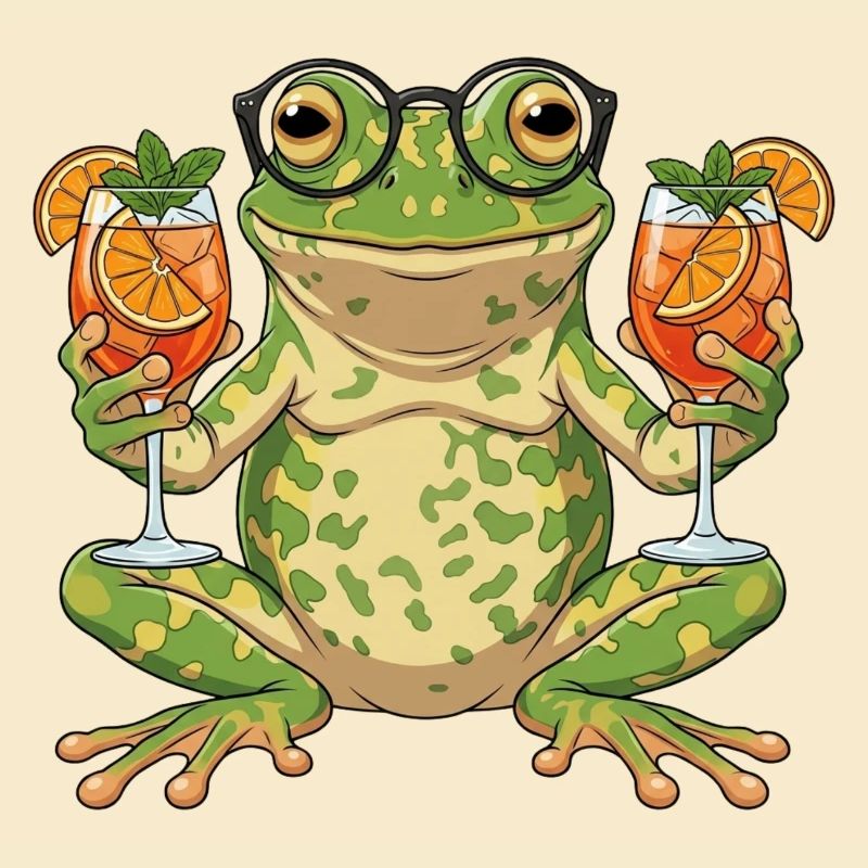 Frosch mit Cocktailgläsern