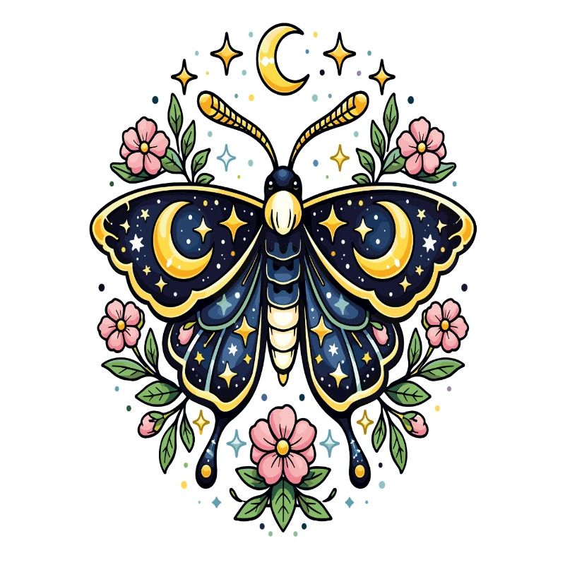Papillon céleste lune fleurs étoiles