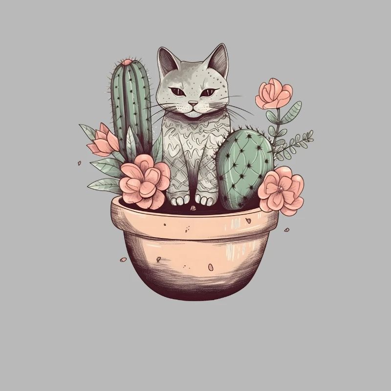 Chat en pot de fleurs avec cactus et fleurs