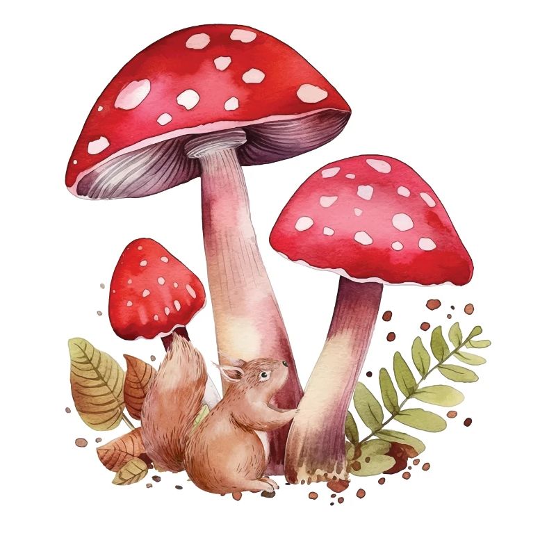 Niedliches Eichhörnchen mit roten Champignons Cute
