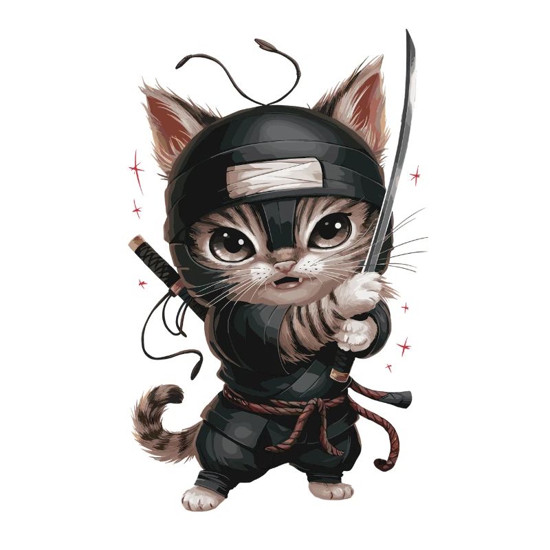 Chat ninja avec une épée en action - Mignon