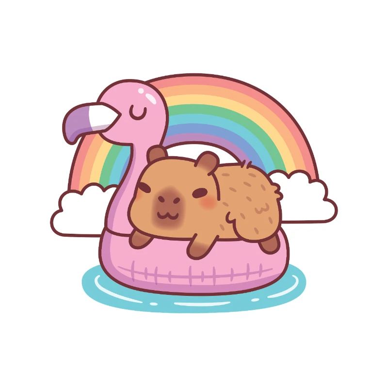 Niedliche Kapybara chillt auf Flamingo-Float-Regenbogen
