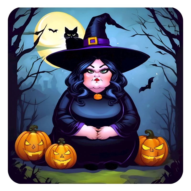 Grosse sorcière avec chat noir et jack-o'-lanterns