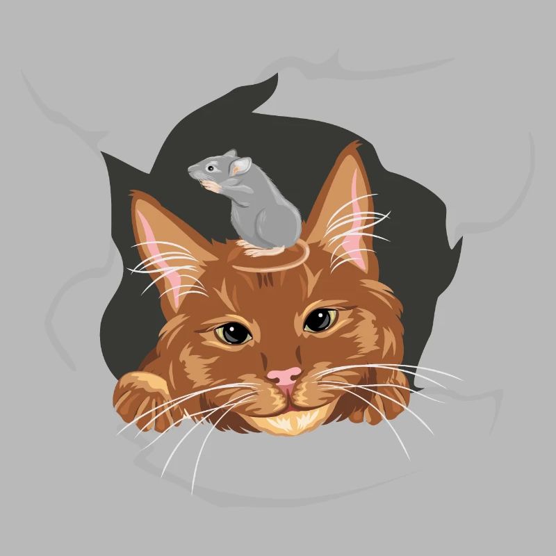 Cat and grey mouse peeks through a broken wall