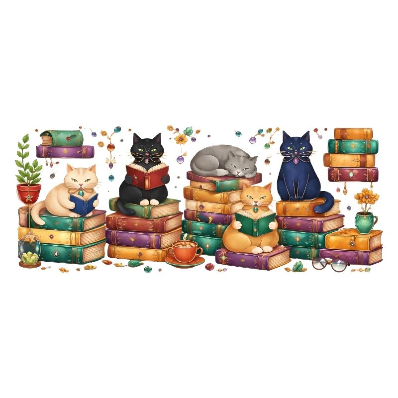 Lesende Katzen mit Bücherstapeln