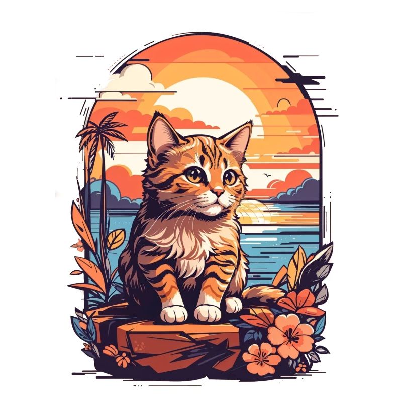 Coucher de soleil rétro plage, coucher de soleil chat au bord de la mer