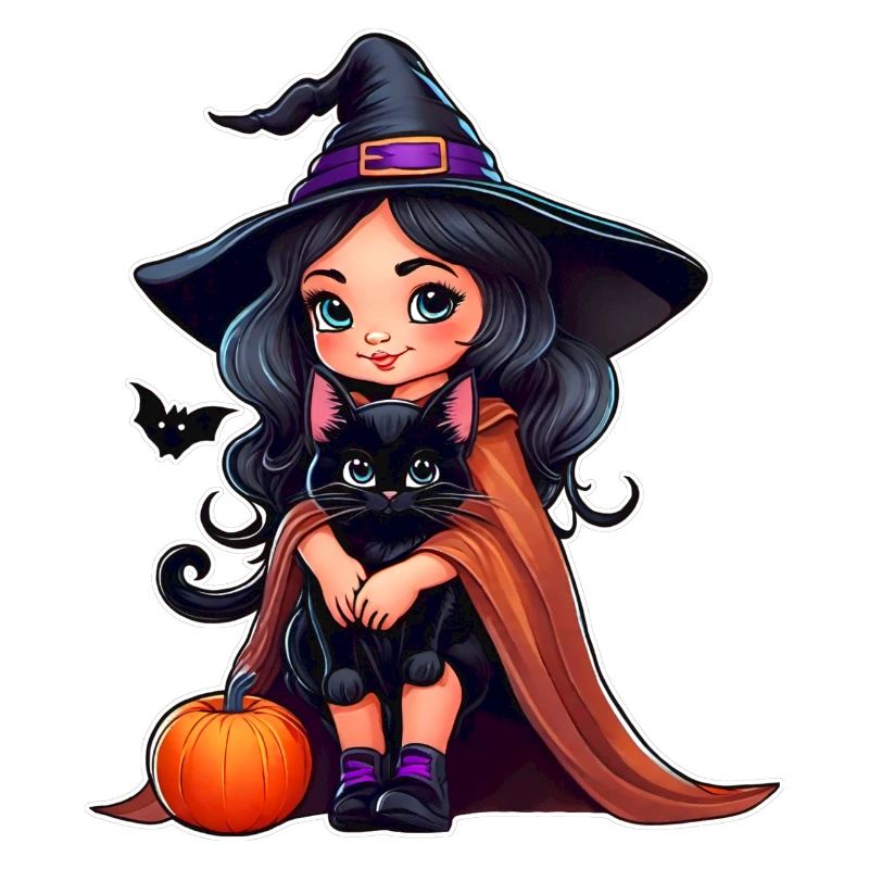 Sorcière mignonne avec chat noir et citrouille