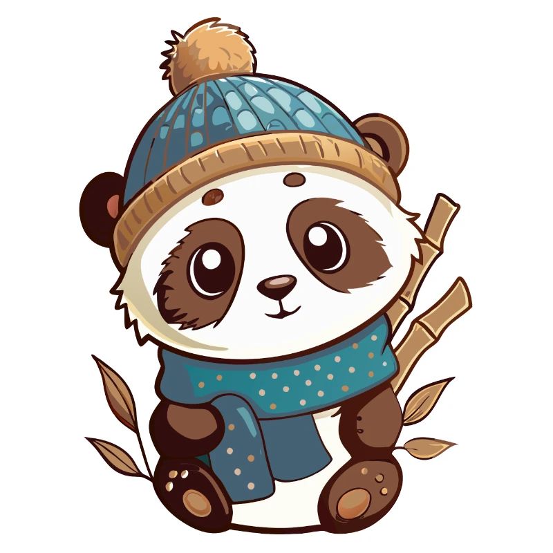 Panda mignon avec écharpe et chapeau à pompon.