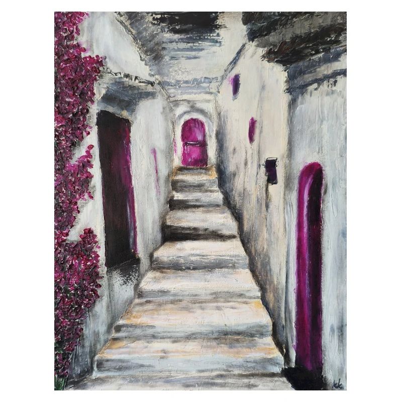 Sunlit Whitewashed Stairs with Pink Accents Greece
