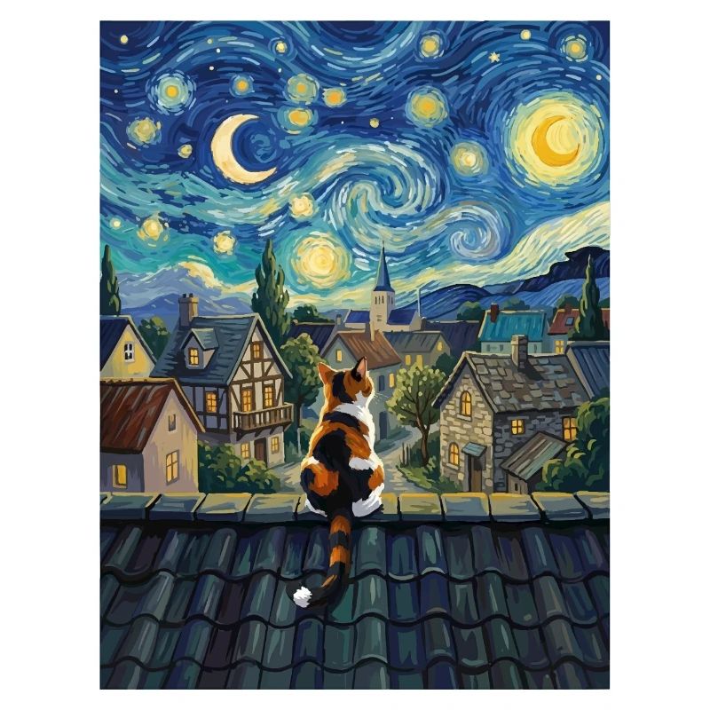 Sternennacht-Dorf Katze Van Gogh Kunst