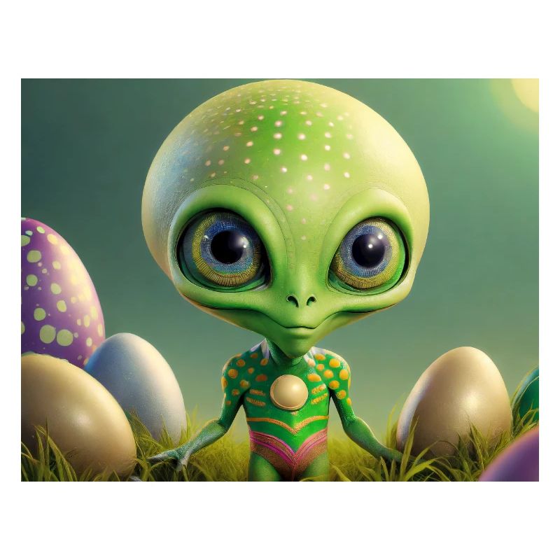 cute little green retro alien with easter eggs