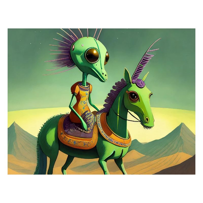 mignon petit extraterrestre rétro vert chevauchant un cheval