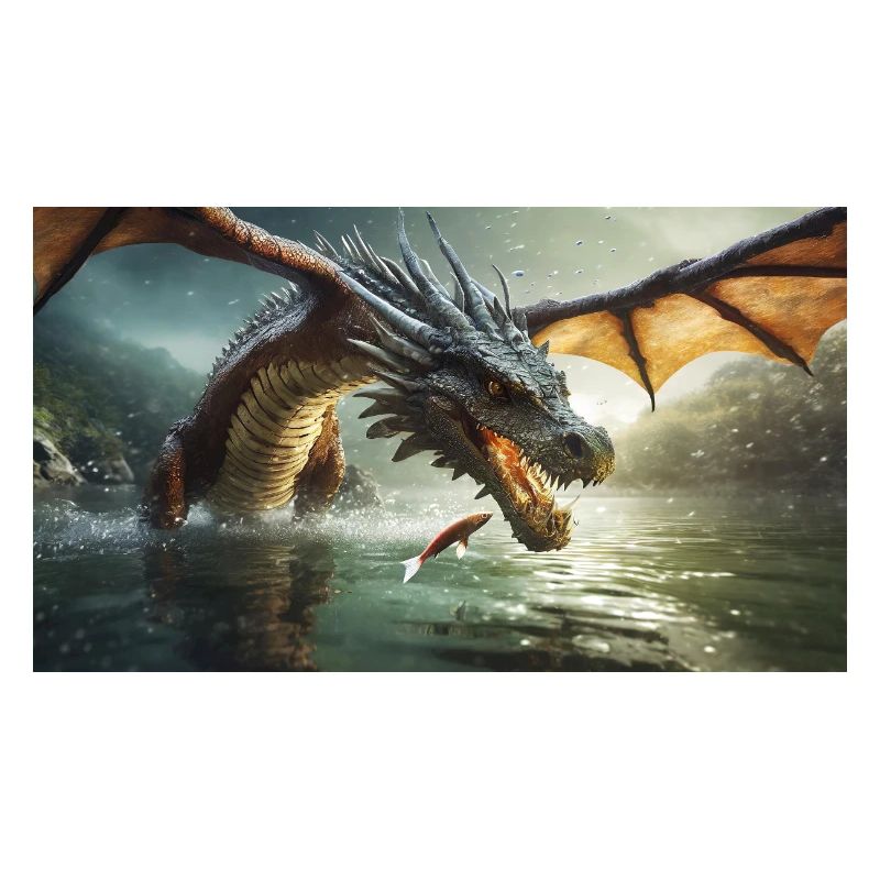 A realistic bad dark dragon is hunting fish